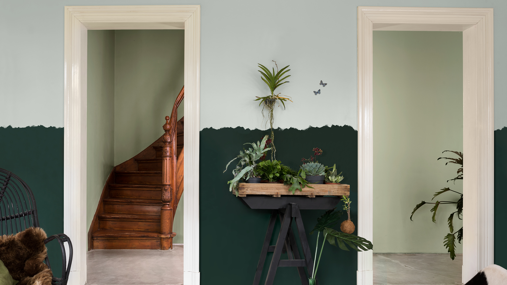 Green room with staircase Two-tone walls and painted antique furniture can give your home a playful yet stylish look.