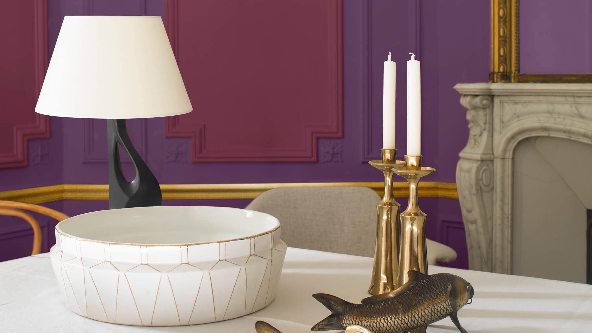 Opulent purple dining room Blend sumptuous shades of purple and deep red to create a dining space brimming with grandeur and opulence. To create a striking focal point, use a rich shade of purple for the walls, and layer with mulberry accents.