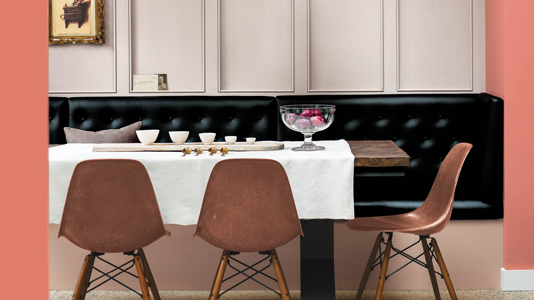 Pink and grey dining room Pewter-grey walls and contemporary furniture have been energised with a splash of blush pink. The soft, delicate tones evoke warmth and intimacy, while the neutral colours used throughout the rest of the room create a calming effect.
