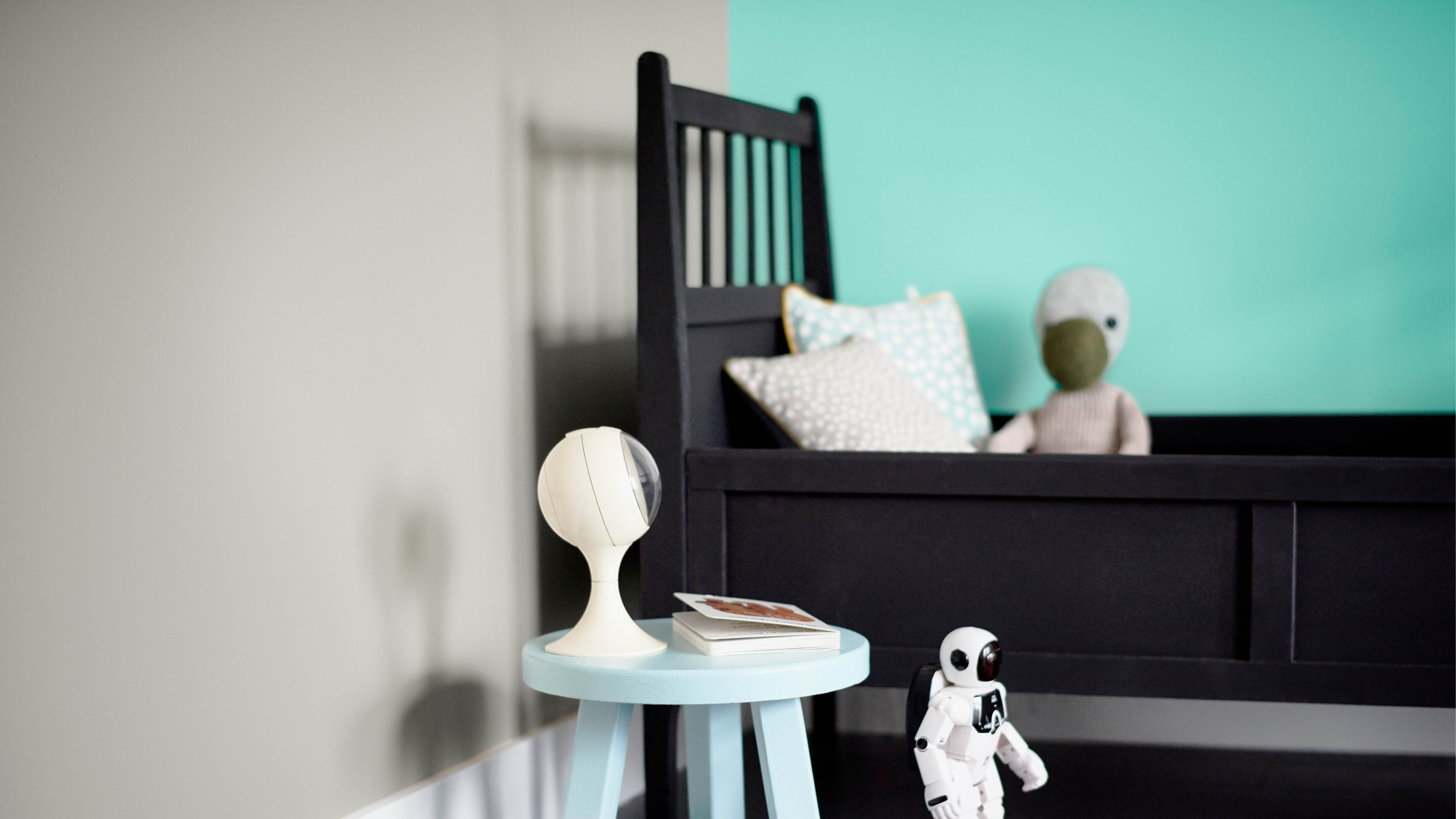 Urban bedroom scheme Give vibrant and uplifting aqua an urban edge by pairing it with a warm muted green.